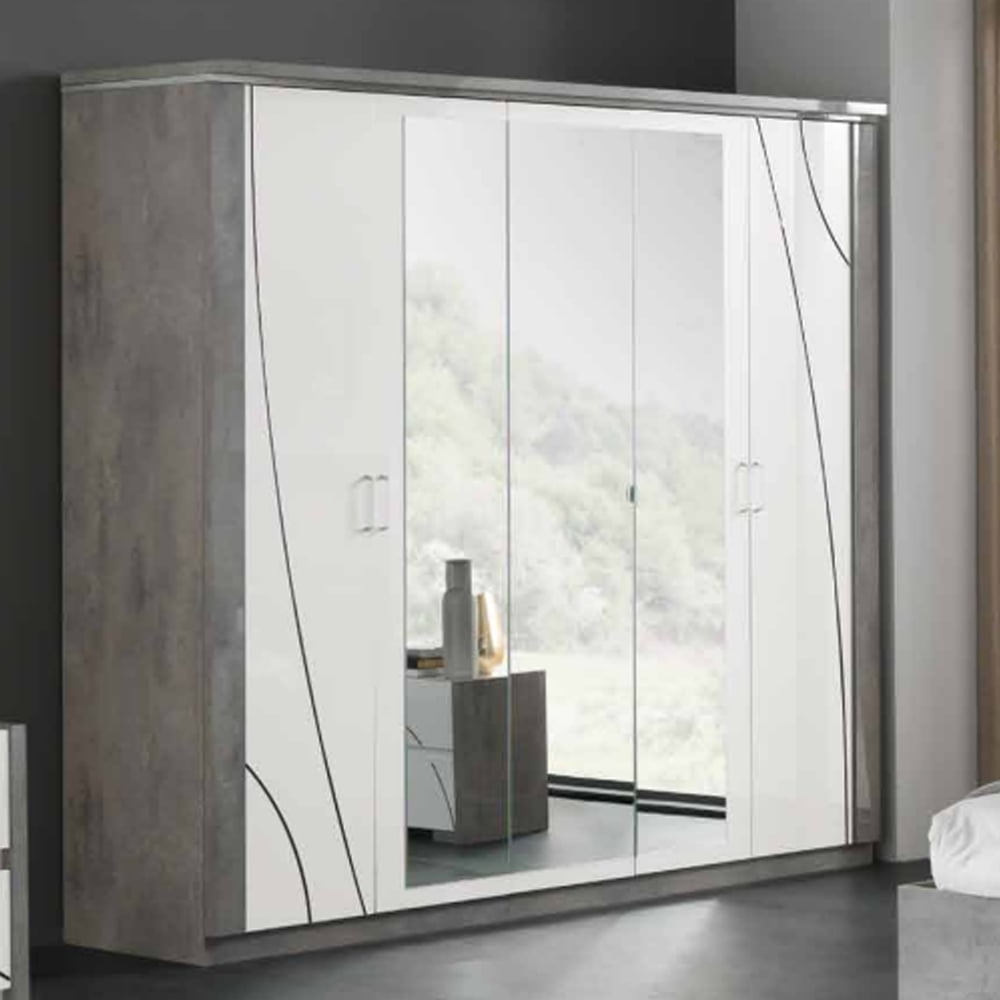 namilon led mirrored wardrobe 5 doors in gloss white grey marble