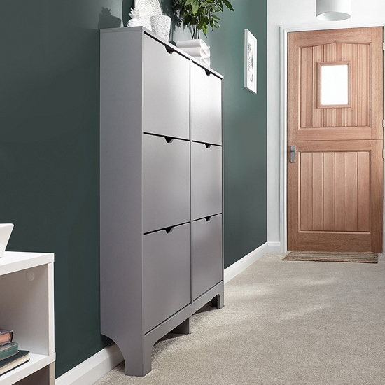 Product photograph of Newquay Wooden Shoe Storage Cabinet In Grey With 6 Drawers from Furniture in Fashion