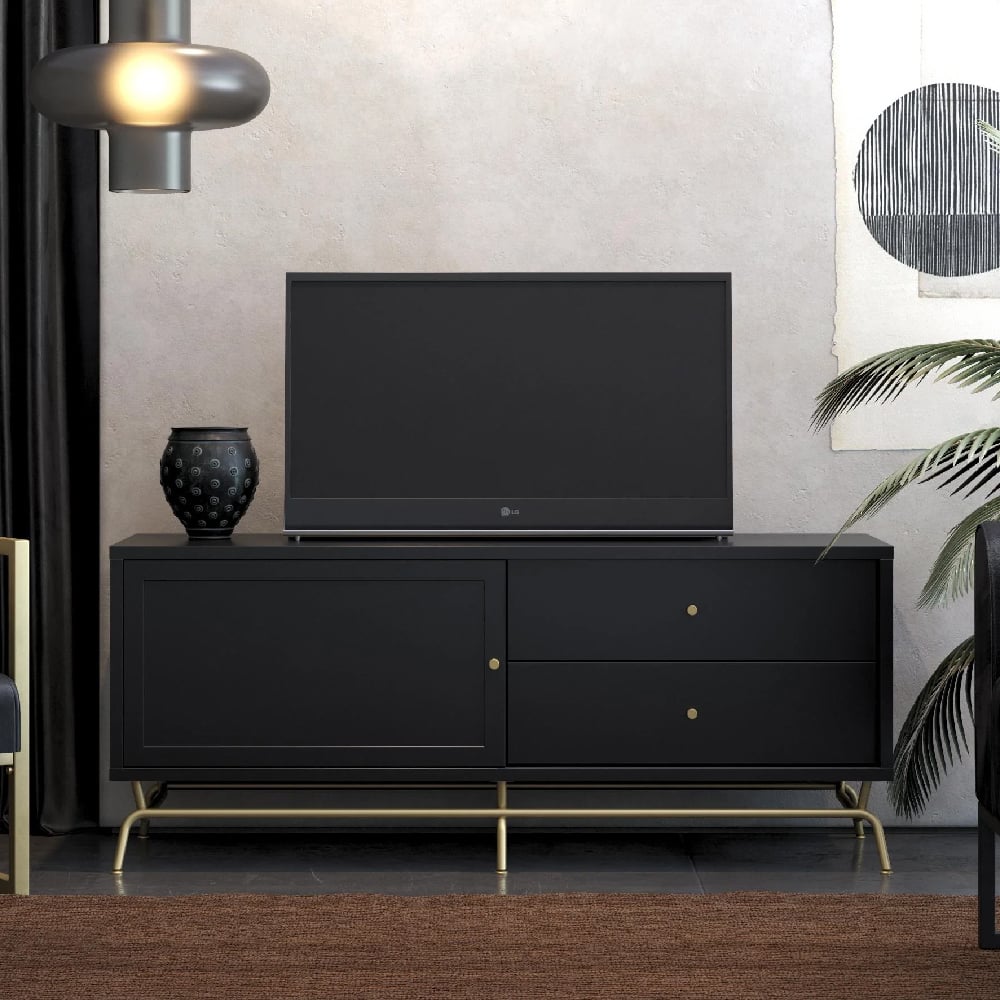 nashua wooden tv stand with 2 drawers in black