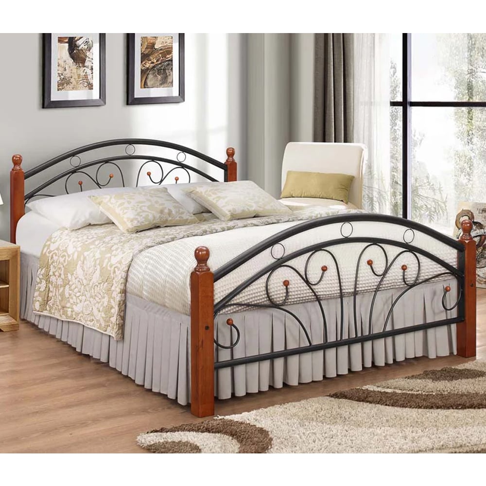 Read more about Natick metal double bed with wooden pillar in dirty oak