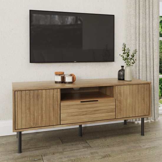 Product photograph of Natick Wooden Tv Stand With 2 Doors 1 Drawer In Oak from Furniture in Fashion