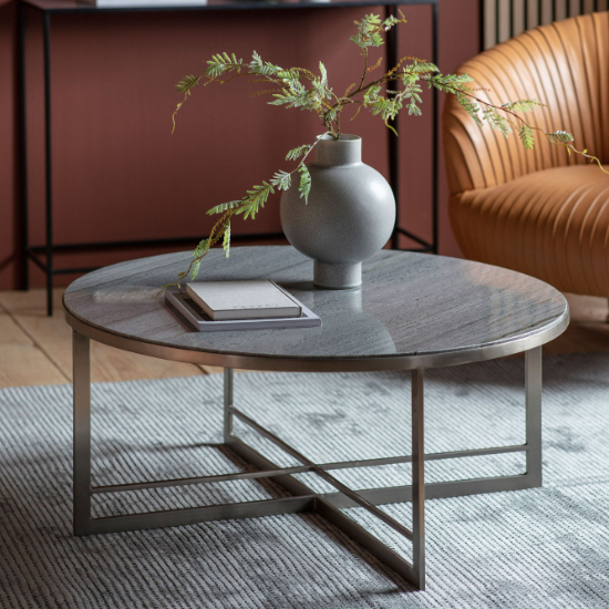 Photo of Nectar round grey marble coffee table with silver metal frame