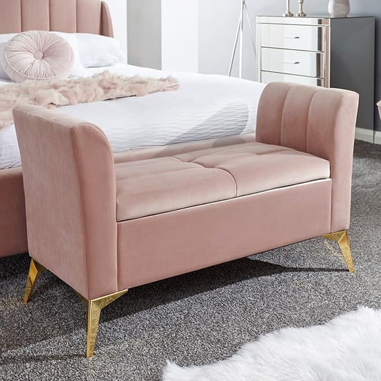 Photo of Pulford velvet upholstered ottoman storage bench in blush pink