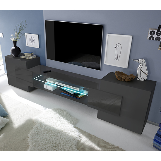 Product photograph of Nevaeh Dark Grey High Gloss Tv Stand With 2 Doors And Led Lights from Furniture in Fashion