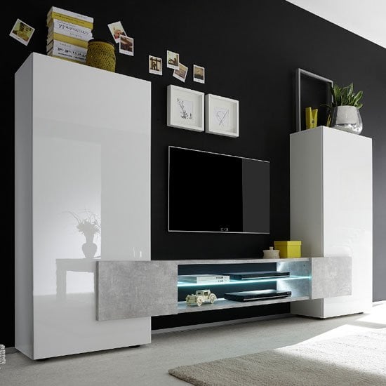 Read more about Nevaeh wooden entertainment unit in white gloss and cement effect