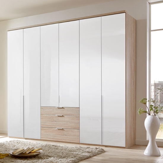 New Xork Tall 6 Door Wooden Wardrobe InGloss White And Oak | Furniture ...