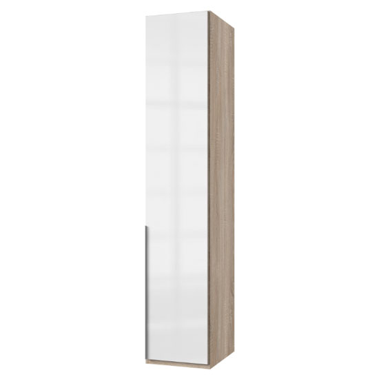 Read more about New xork tall wooden wardrobe in high gloss white and oak 1 door