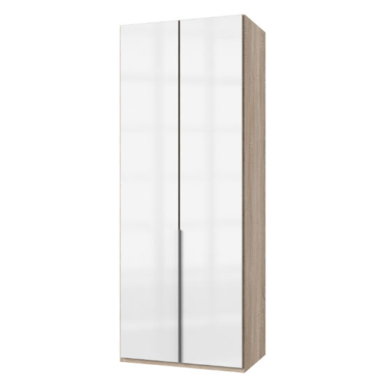 Read more about New xork tall wooden wardrobe in high gloss white and oak 2 door