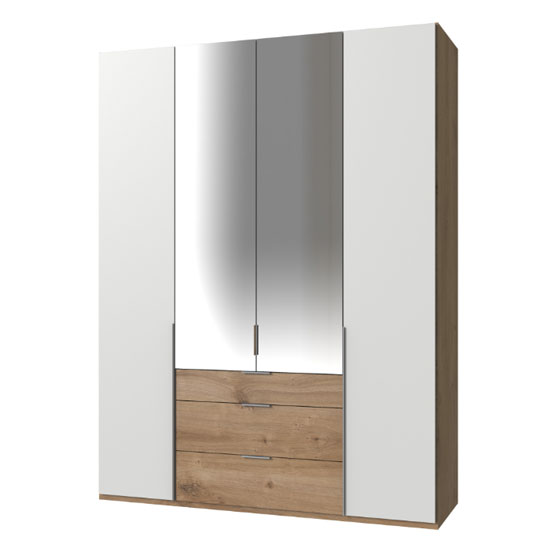 Read more about New york tall mirrored 4 doors wardrobe in white and planked oak