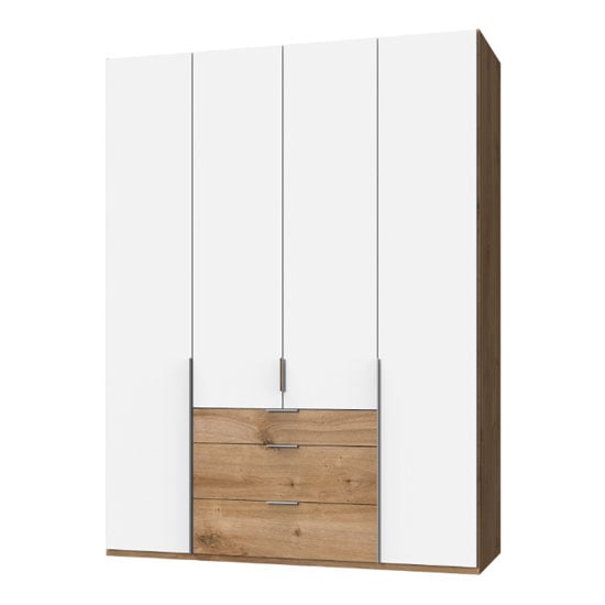 Read more about New york tall wooden 4 doors wardrobe in white and planked oak