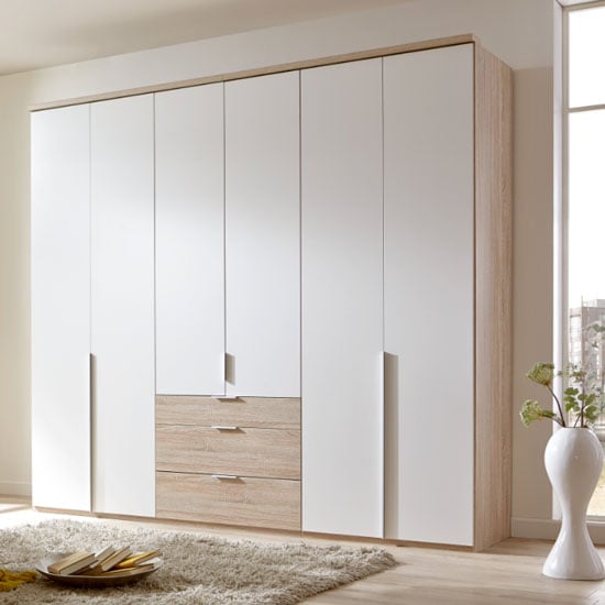Read more about New york tall wooden 6 doors wardrobe in white and oak