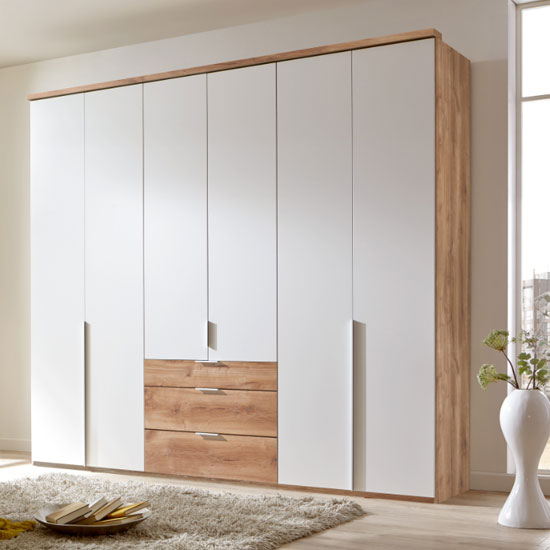 Read more about New york tall wooden 6 doors wardrobe in white and planked oak