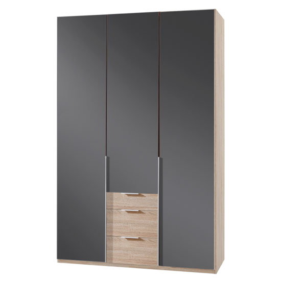 Product photograph of New Zork Tall 3 Doors Wardrobe In Gloss Grey And Oak from Furniture in Fashion