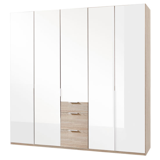 New Zork Tall 5 Doors Wardrobe In Gloss White And Oak | Furniture in ...
