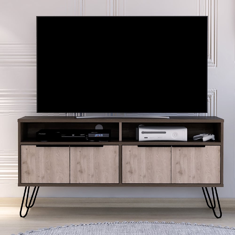 newcastle wooden tv stand with 4 doors in brown and oak