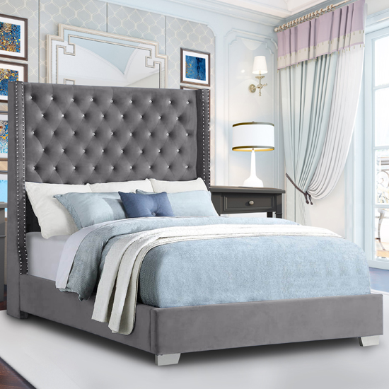 Photo of Newkirk plush velvet upholstered double bed in steel