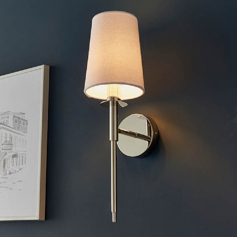 Read more about Newkirk vintage white fabric wall light in bright nickel