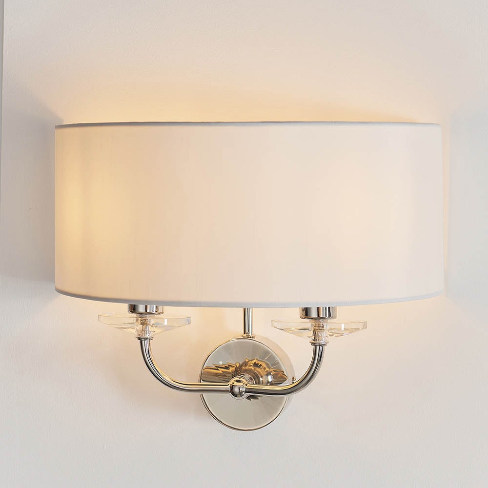 Product photograph of Newton 2 Light Vintage White Fabric Wall Light In Bright Nickel from Furniture in Fashion