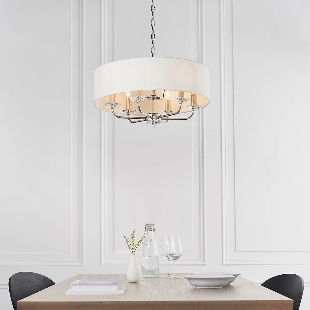 Read more about Newton 6 light white fabric ceiling light in bright nickel