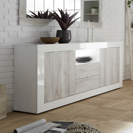 Read more about Nitro led 2 door 2 drawer white gloss sideboard in white pine