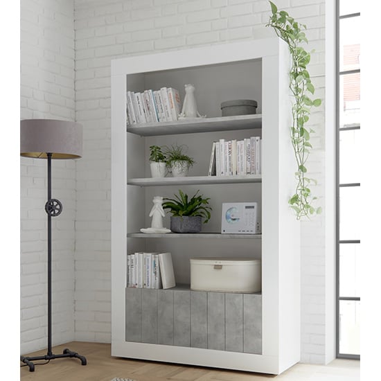 Product photograph of Nitro 2 Doors 3 Shelves Bookcase In White Gloss And Cement from Furniture in Fashion