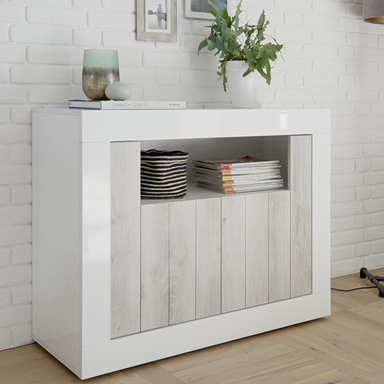 Product photograph of Nitro 2 Doors Wooden Sideboard In White Gloss And White Pine from Furniture in Fashion