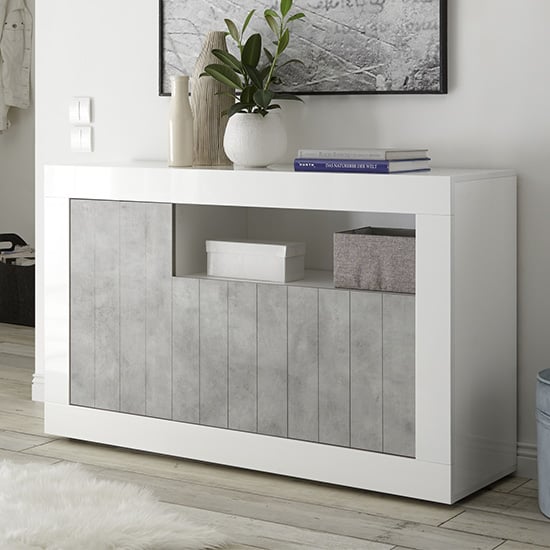 Product photograph of Nitro 3 Door Wooden Sideboard In White Gloss And Cement Effect from Furniture in Fashion
