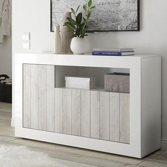 Product photograph of Nitro 3 Doors Wooden Sideboard In White Gloss And White Pine from Furniture in Fashion