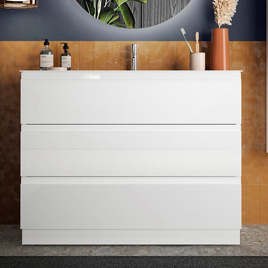 Product photograph of Nitro High Gloss 100cm Floor Vanity Unit With 3 Drawers In White from Furniture in Fashion