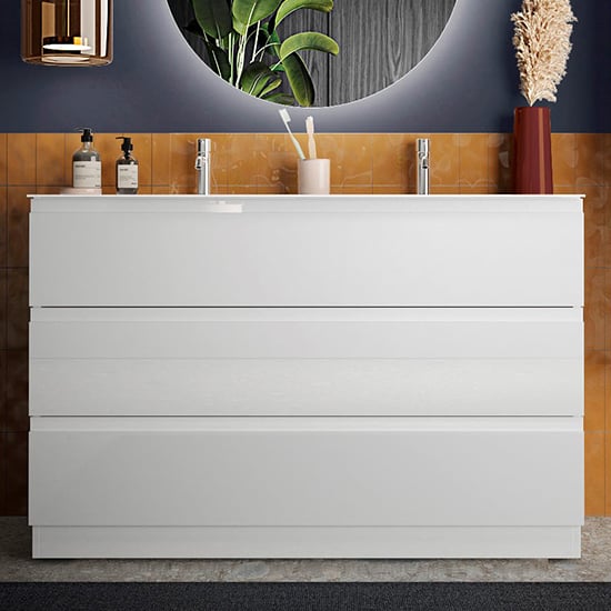 Product photograph of Nitro High Gloss 120cm Floor Vanity Unit With 3 Drawers In White from Furniture in Fashion