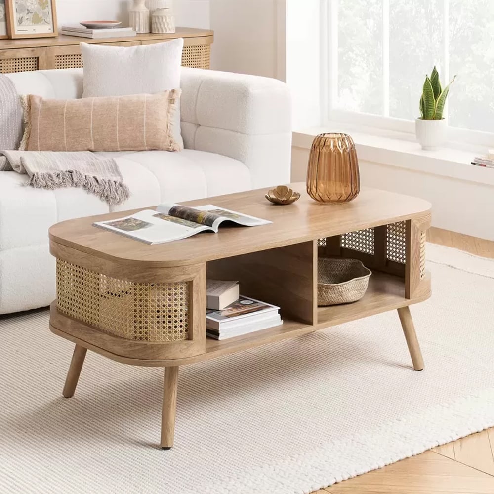 nixa wooden coffee table with shelves in oak