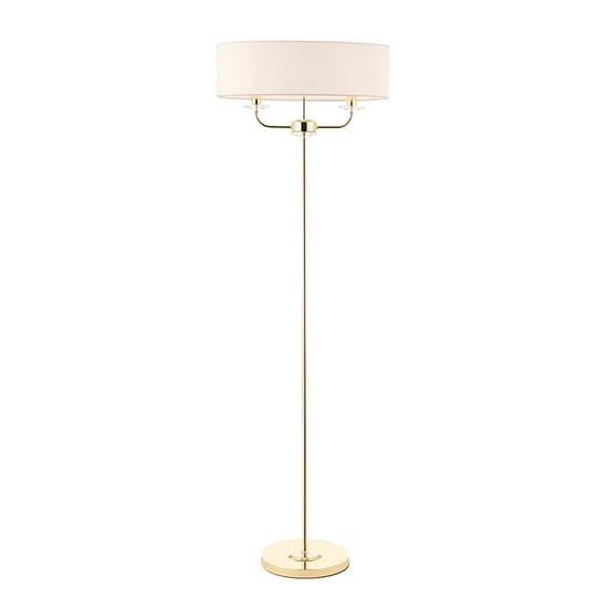 Product photograph of Nixon 2 Lights White Oval Shade Floor Lamp In Brass from Furniture in Fashion