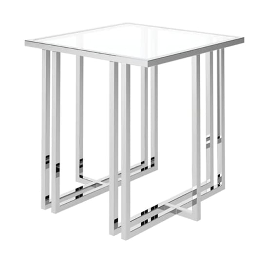 Product photograph of Nizip Glass Side Table With Polished Stainless Steel Frame from Furniture in Fashion