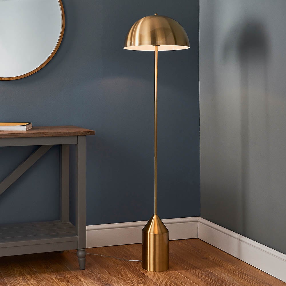 Product photograph of Norman Gloss White Shade Floor Lamp In Antique Brass from Furniture in Fashion