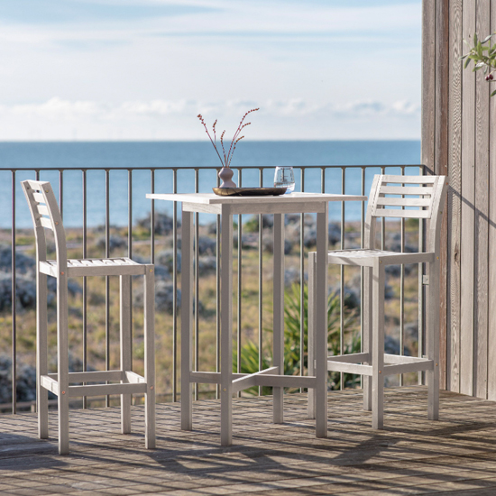 Read more about Norris outdoor acacia wood 2 seater high bar set in whitewash