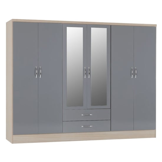 Read more about Noir gloss 6 door 2 drawer wardrobe in grey and light oak