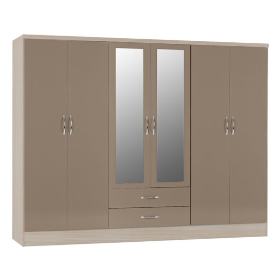 Read more about Noir gloss 6 door 2 drawer wardrobe in oyster and light oak