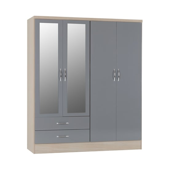 Product photograph of Noir 4 Doors 2 Drawers Mirrored Wardrobe In Grey Gloss And Oak from Furniture in Fashion