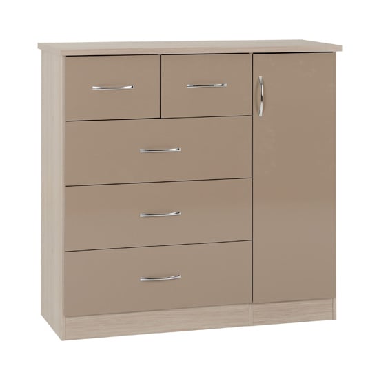 Photo of Noir 5 drawers sideboard in oyster high gloss and light oak