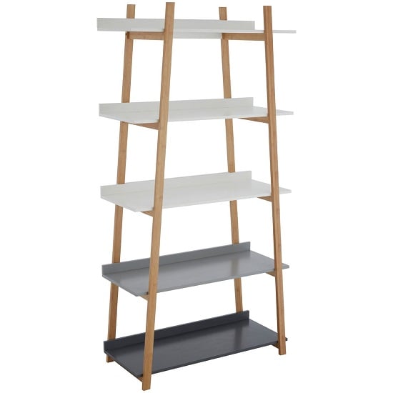 Photo of Nusakan wooden 5 tier ladder shelving unit in white and natural