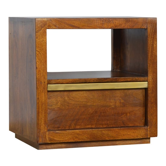 Photo of Nutty wooden bedside cabinet in chestnut with gold bar