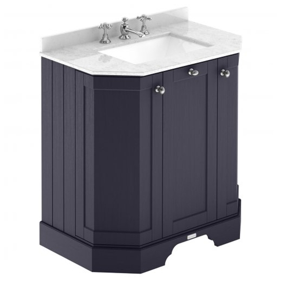 Read more about Ocala 77cm angled vanity with 3th white marble basin in blue