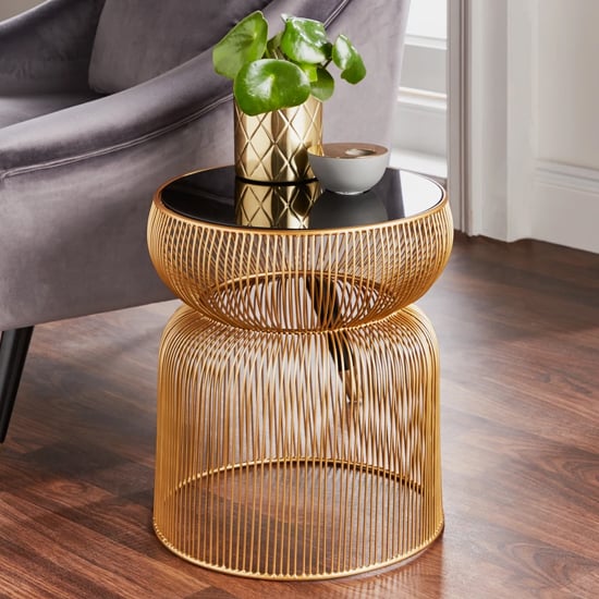 Product photograph of Ogden Curve Black Glass Top Side Table With Gold Wire Base from Furniture in Fashion