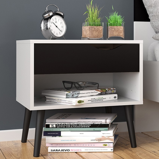 Photo of Oklo wooden 1 drawer bedside cabinet in white and matt black