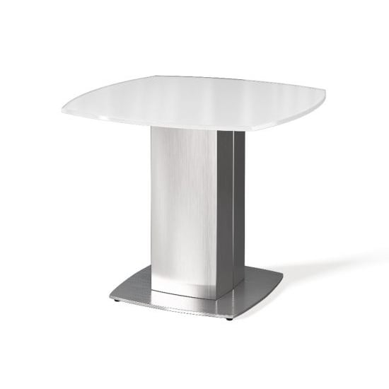 Product photograph of Oakmere Super White Glass Side Table With Stainless Steel Base from Furniture in Fashion
