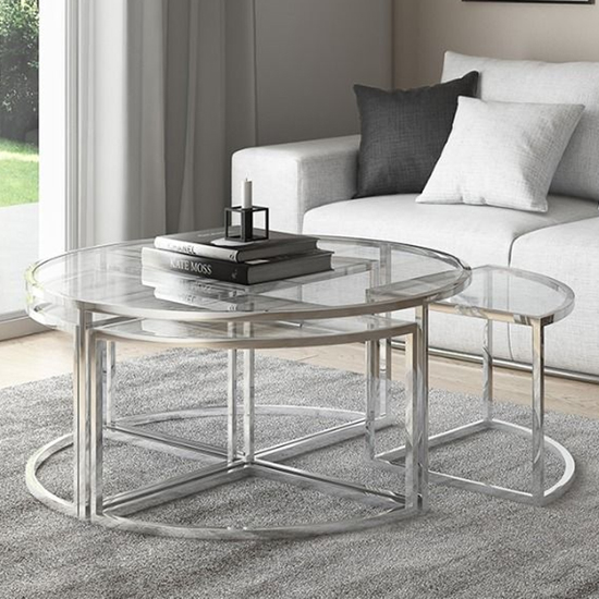 Product photograph of Ongar Grande Glass Coffee Table Set With Stainless Steel Base from Furniture in Fashion