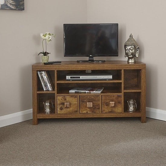 Photo of Jawcraig contemporary wooden corner tv stand with 3 drawers