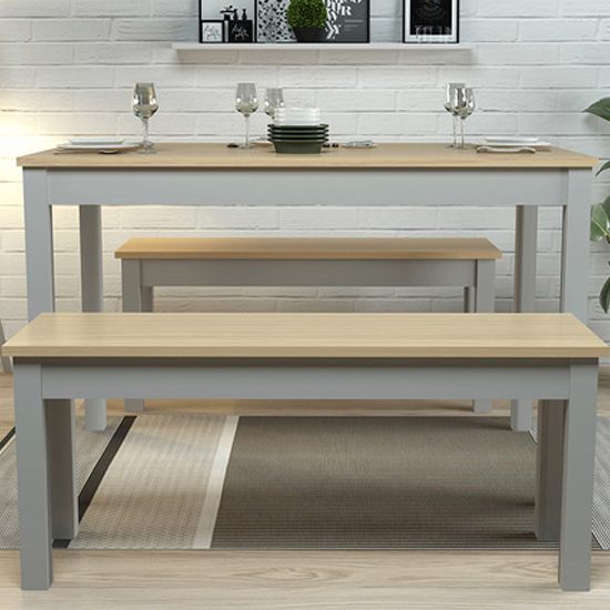 Read more about Onia wooden dining table with 2 benches in grey and oak