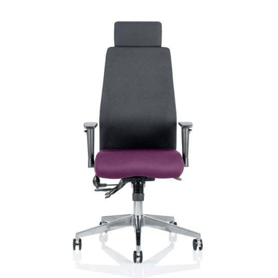 Photo of Onyx black back headrest office chair with tansy purple seat