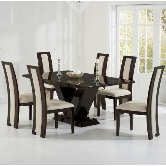 Ophelia Marble Dining Table In Brown With 6 Allie Cream
